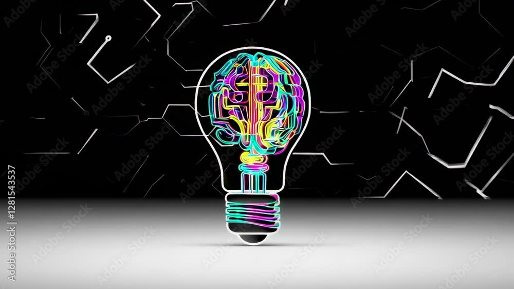 Poster brain shaped neon light gradually illuminating dark background, symbolizing creative thought process
