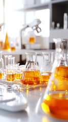 Dynamic Chemistry Experiment in a Modern Laboratory Showcasing Colorful Solutions in Beakers and Flasks Bright and Inviting Workspace