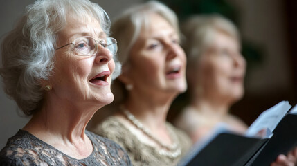 Fototapeta premium Senior women singing in unison, reading musical score, sharing emotional performance during choral concert with synchronized voices