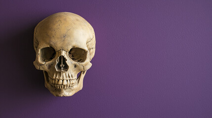 Obraz premium weathered human skull stands in stark against vibrant purple backdrop macabre study of mortality