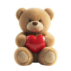 PNG 3D Render of an Adorable Teddy Bear Holding a Heart Against Transparent Background for Love, Valentines Day, or Gift Design Projects.