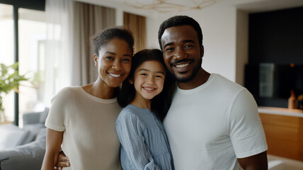 Fototapeta premium A family of three, a man and two girls, are smiling and posing for a picture