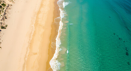 Beach ocean sand shore, aerial top view, realistic art