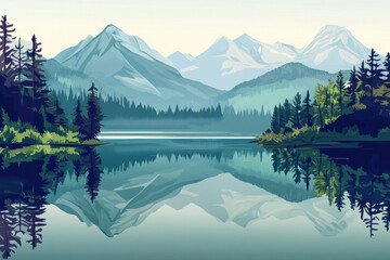 Fototapeta premium Illustration of a serene lake with crystal clear water reflecting the surrounding mountains and trees. The stillness of the lake creates a feeling of tranquility, while the distant peaks add grandeur