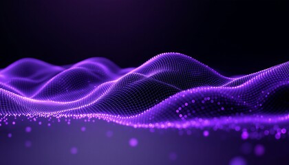 A beautiful abstract representation of futuristic purple waves illuminated with glowing particles, symbolizing technology and innovation.