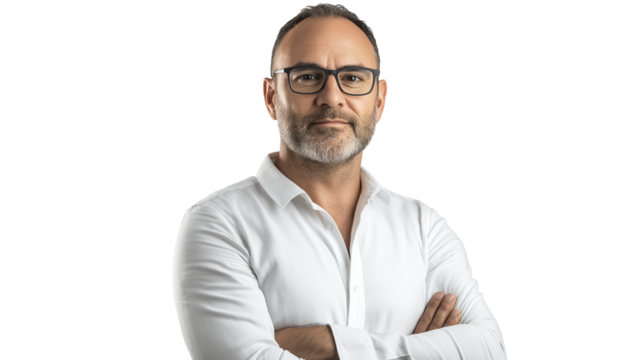 Property investor, business casual attire, sharp and focused gaze, isolated PNG