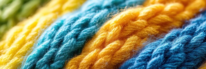 Close-up of colorful knitted woolen yarn in yellow, blue, and orange patterns