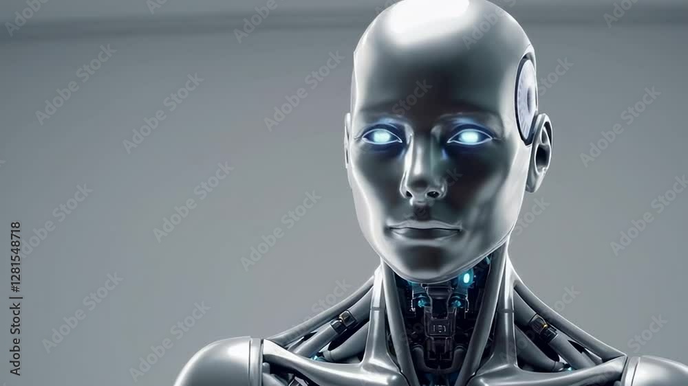 Poster humanoid android featuring glowing blue eyes, processing environmental data with advanced artificial