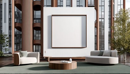 Modern living room interior with blank framed poster on wall, minimalistic furniture.