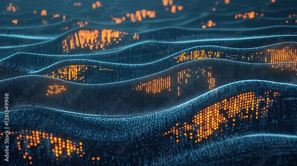 Aufkleber Abstract waves formed by blue and orange illuminated particles data flow technological pattern