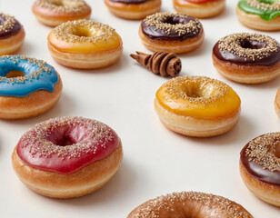 Traditional Hanukkah donuts Sufganiyah, wooden dreidels on white background. Pastries for Jewish holiday Hanukka