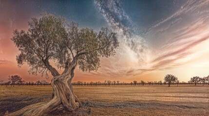 The tree and starry sky in the desert. Very high detail.