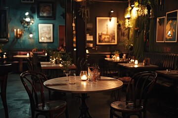Elegant restaurant interior with dim lighting, candlelit tables, and artistic decor