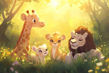 Naklejka premium Illustration of a small group of baby animals, including a baby giraffe, a baby zebra, and a baby lion, all playfully interacting in a sunlit meadow. The soft, pastel colors and cute expressions evoke