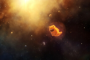 Illustration of a tiny astronaut bunny floating in space, surrounded by distant stars and planets. Its spacesuit glows gently in the dark void, creating an adventurous and imaginative scene for