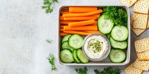 Healthy snack ideas. Fresh vegetables and dips for lunchbox inspiration