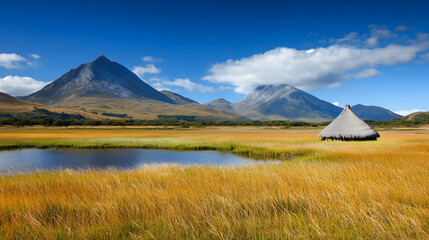 Naklejka premium Highland hut near lake, mountains backdrop; autumnal landscape