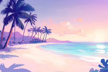 Obraz premium Illustration of a tropical beach with soft white sand and crystal clear turquoise water. Tall palm trees sway gently in the breeze, and the sky is painted with soft pinks and purples from the setting