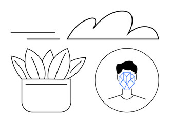 Potted plant, cloud outline, and geometric facial recognition pattern within a circular frame. Ideal for nature, technology, biometrics, connectivity, AI, identity and metaphysical concepts