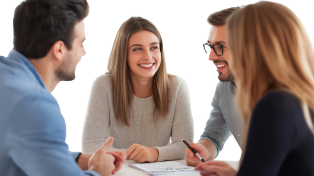 Young couple discussing mortgage with a professional banker, happy and engaged, isolated PNG