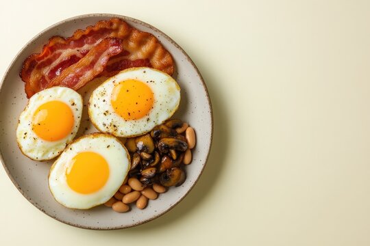 Hearty breakfast plate featuring sunny-side-up eggs, crispy baco