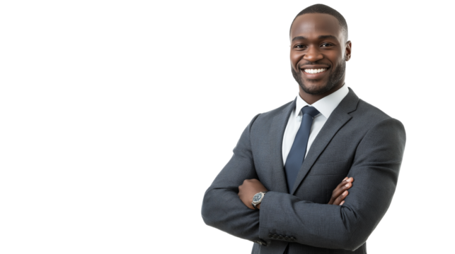 Confident real estate agent, modern suit, smiling professionally, isolated PNG