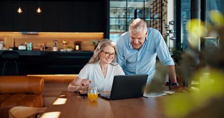 Team, planning and laptop with old couple at home for social security benefits, annuity growth and retirement fund. Account balance, online banking and 401k withdrawal with happy people and profit © peopleimages.com