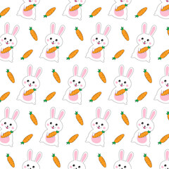 Easter seamless pattern.Cute little bunny with carrot repeat isolated on white background.Vector graphic illustration.