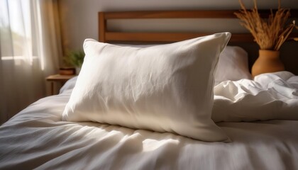 Fluffy pillow mockup on a neatly made bed with soft linen sheets, bathed in diffused light—perfect for home decor, bedding product marketing, and lifestyle photography.
