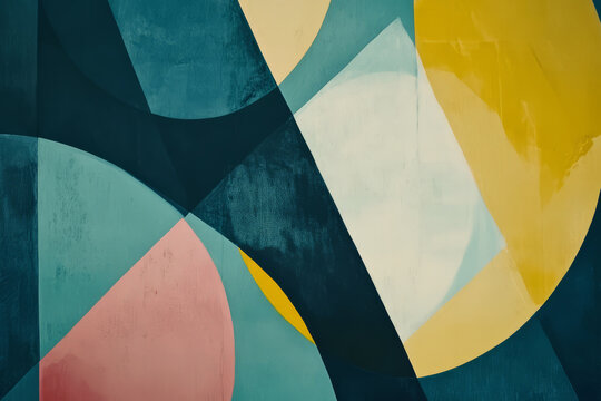 Illustration of layered geometric shapes in a modern color palette of teal, mustard, and coral. The juxtaposition of angular and circular elements creates a balance between order and chaos, perfect