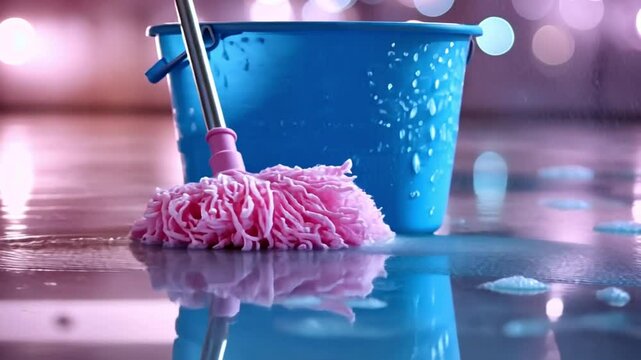 Pink mop and bucket placed on a reflective wet floor in a cleaning service environment.