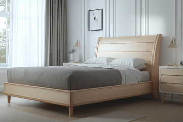 Fototapeta premium Serene Minimalist Bedroom Design with Light Wood Platform Bed