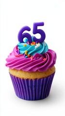 "65" birthday. Colored cupcake with whipped cream, sprinkles. candles number 65