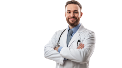 Pharmacist in a white coat, standing confidently in a professional setting, friendly and professional expression, isolated PNG
