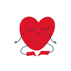 Red heart sitting in a meditative pose, eyes closed, in a peaceful and calm state. Isolated on a white background in flat-style vector illustration.