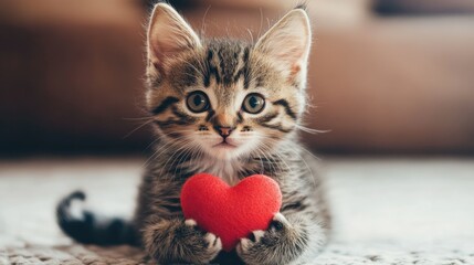 A cute kitten holding a heart in its paws
