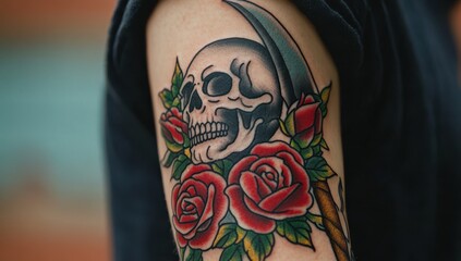Tattooed Arm: A striking arm tattoo showcases a skull design with a scythe, intertwined with vibrant red roses, offering a glimpse into the art of body adornment. 