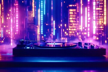 Vinyl record player spinning on stage with city lights background