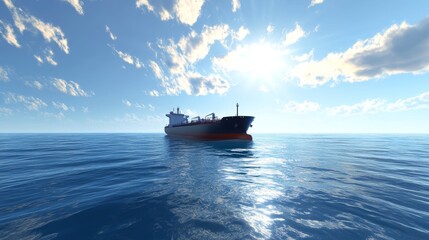 Fototapeta premium Large Cargo Ship Navigates Calm Blue Waters Under a Bright Afternoon Sky With Scattered Clouds Near the Horizon