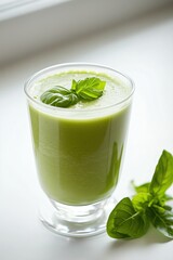 Fresh green smoothie in a glass, garnished with basil leaves, placed on a white surface. A healthy and refreshing detox drink.

