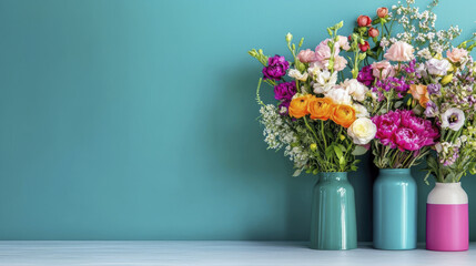 Fototapeta premium Bright and colorful flower arrangements in vases against teal wall