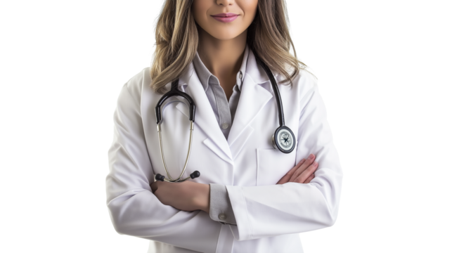 Portrait of a kind and friendly female doctor, wearing a white lab coat, stethoscope around her neck, confident yet warm expression, isolated PNG
