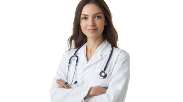 Portrait of a kind and friendly female doctor, wearing a white lab coat, stethoscope around her neck, confident yet warm expression, isolated PNG