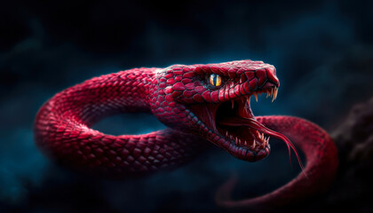 An intricately detailed red snake with fierce eyes and an open mouth, poised to strike.