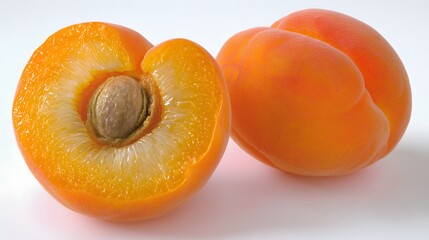 apricot sliced in half, showing its juicy interior and pit, isolated on a white background. The fruit’s flesh is plump and moist, emphasizing its ripeness and natural juiciness. sliced apricot, 