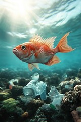 Naklejka premium A red fish swims above a polluted coral reef filled with plastic waste under sunlight. A striking representation of ocean pollution and environmental impact.