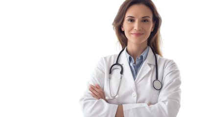 Portrait of a kind and friendly female doctor, wearing a white lab coat, stethoscope around her neck, confident yet warm expression, isolated PNG