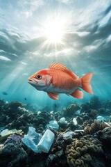 Naklejka premium A red fish swimming in a polluted ocean surrounded by plastic waste and coral under sunlight. A concept of marine pollution and environmental conservation.