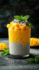 Fresh mango chia pudding with mint garnish served in a glass