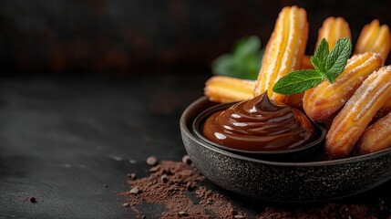 A delicious plate of churros served with a side of chocolate dip. Perfect for dessert promotions, sweet treats, and indulgent moments.